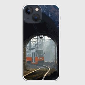 Чехол для iPhone 13 mini с принтом Трамвай в Кировске,  |  | rails | railway | tram | trees | tunnel | деревья | железная дорога | рельсы | тоннель | трамвай