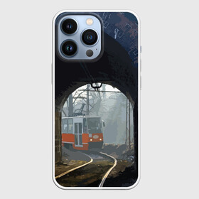 Чехол для iPhone 13 Pro с принтом Трамвай в Кировске,  |  | rails | railway | tram | trees | tunnel | деревья | железная дорога | рельсы | тоннель | трамвай