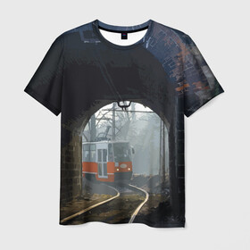 Мужская футболка 3D с принтом Трамвай в Кировске, 100% полиэфир | прямой крой, круглый вырез горловины, длина до линии бедер | rails | railway | tram | trees | tunnel | деревья | железная дорога | рельсы | тоннель | трамвай