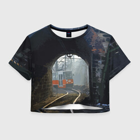 Женская футболка Crop-top 3D с принтом Трамвай в Кировске, 100% полиэстер | круглая горловина, длина футболки до линии талии, рукава с отворотами | rails | railway | tram | trees | tunnel | деревья | железная дорога | рельсы | тоннель | трамвай