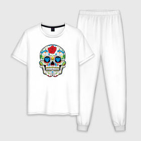 Мужская пижама хлопок с принтом Skull - сахарный череп в Кировске, 100% хлопок | брюки и футболка прямого кроя, без карманов, на брюках мягкая резинка на поясе и по низу штанин
 | 