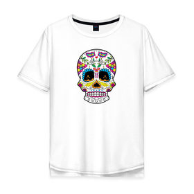 Мужская футболка хлопок Oversize с принтом Мексиканский череп - Skull в Кировске, 100% хлопок | свободный крой, круглый ворот, “спинка” длиннее передней части | calavera | day of the dead | dia de los muertos | halloween | skull | sugar skull | готика | день мертвых | колдовство | мексиканский череп | мистика | подарок | сахарный череп | цветы | череп