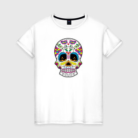 Женская футболка хлопок с принтом Мексиканский череп - Skull в Кировске, 100% хлопок | прямой крой, круглый вырез горловины, длина до линии бедер, слегка спущенное плечо | calavera | day of the dead | dia de los muertos | halloween | skull | sugar skull | готика | день мертвых | колдовство | мексиканский череп | мистика | подарок | сахарный череп | цветы | череп
