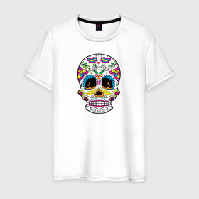 Мужская футболка хлопок с принтом Мексиканский череп - Skull в Кировске, 100% хлопок | прямой крой, круглый вырез горловины, длина до линии бедер, слегка спущенное плечо. | calavera | day of the dead | dia de los muertos | halloween | skull | sugar skull | готика | день мертвых | колдовство | мексиканский череп | мистика | подарок | сахарный череп | цветы | череп
