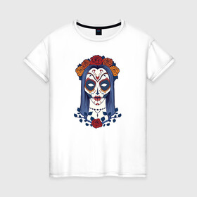 Женская футболка хлопок с принтом Мексиканский сахарный череп в Кировске, 100% хлопок | прямой крой, круглый вырез горловины, длина до линии бедер, слегка спущенное плечо | day of the dead | dia de los muertos | gothic | halloween | skull | sugar skull | готика | день мертвых | женский череп | мексиканский череп | мистика | подарок | сахарный череп | хэллоуин