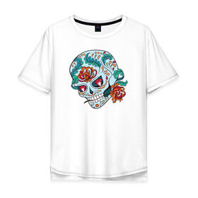 Мужская футболка хлопок Oversize с принтом Череп с цветами в Кировске, 100% хлопок | свободный крой, круглый ворот, “спинка” длиннее передней части | 8 марта | day of the dead | gothic | halloween | skull | sugar skull | день мертвых | женский череп | мексиканский череп | новый год | подарок | сахарный череп | хэллоуин | человек | череп девушки