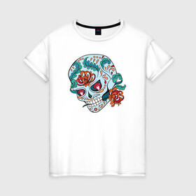 Женская футболка хлопок с принтом Череп с цветами в Кировске, 100% хлопок | прямой крой, круглый вырез горловины, длина до линии бедер, слегка спущенное плечо | 8 марта | day of the dead | gothic | halloween | skull | sugar skull | день мертвых | женский череп | мексиканский череп | новый год | подарок | сахарный череп | хэллоуин | человек | череп девушки