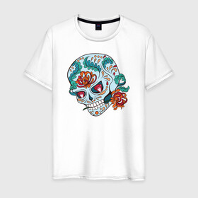 Мужская футболка хлопок с принтом Череп с цветами в Кировске, 100% хлопок | прямой крой, круглый вырез горловины, длина до линии бедер, слегка спущенное плечо. | Тематика изображения на принте: 8 марта | day of the dead | gothic | halloween | skull | sugar skull | день мертвых | женский череп | мексиканский череп | новый год | подарок | сахарный череп | хэллоуин | человек | череп девушки