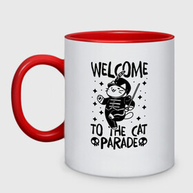 Кружка двухцветная с принтом Welcome to the cat parade в Кировске, керамика | объем — 330 мл, диаметр — 80 мм. Цветная ручка и кайма сверху, в некоторых цветах — вся внутренняя часть | gerard way | mcr | my chemical romance | альтернативный | группа | джерард уэй | май кемикал романс | мкр | мой химический роман | мхр | мцр | панк | поп | поппанк | рок | рэй торо