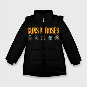 Зимняя куртка для девочек 3D с принтом Guns n roses в Кировске, ткань верха — 100% полиэстер; подклад — 100% полиэстер, утеплитель — 100% полиэстер. | длина ниже бедра, удлиненная спинка, воротник стойка и отстегивающийся капюшон. Есть боковые карманы с листочкой на кнопках, утяжки по низу изделия и внутренний карман на молнии. 

Предусмотрены светоотражающий принт на спинке, радужный светоотражающий элемент на пуллере молнии и на резинке для утяжки. | axl rose | geffen records | gnr | guns | rock | roses | slash | гансы | пистолеты | розы | рок | слеш | эксл роуз