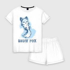 Женская пижама с шортиками хлопок с принтом Snow fox в Кировске, 100% хлопок | футболка прямого кроя, шорты свободные с широкой мягкой резинкой | fox | snow | лис | лиса | лисёнок | лисичка | снег