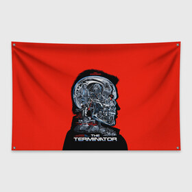Флаг-баннер с принтом The Terminator в Кировске, 100% полиэстер | размер 67 х 109 см, плотность ткани — 95 г/м2; по краям флага есть четыре люверса для крепления | arnold | connor | john | robot | schwarzenegger | skynet | t 800 | terminator | арнольд | джон | коннор | ликвидатор | небесная | робот | сеть | скайнет | терминатор | шварценеггер