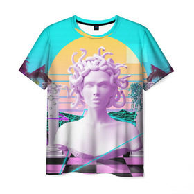Мужская футболка 3D с принтом Медуза Горгона в Кировске, 100% полиэфир | прямой крой, круглый вырез горловины, длина до линии бедер | vaporwave | медуза горгона | неон | пальмы | скульптура | существо