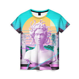 Женская футболка 3D с принтом Медуза Горгона в Кировске, 100% полиэфир ( синтетическое хлопкоподобное полотно) | прямой крой, круглый вырез горловины, длина до линии бедер | vaporwave | медуза горгона | неон | пальмы | скульптура | существо