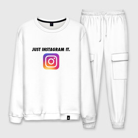 Мужской костюм хлопок с принтом Just Instagram It в Кировске, 100% хлопок | на свитшоте круглая горловина, мягкая резинка по низу. Брюки заужены к низу, на них два вида карманов: два “обычных” по бокам и два объемных, с клапанами, расположенные ниже линии бедра. Брюки с мягкой трикотажной резинкой на поясе и по низу штанин. В поясе для дополнительного комфорта — широкие завязки | app | blogger | filter | instagram | mask | media | photo | social | video | блогер | видео | инста | инстаграм | маска | приложение | сеть | социальная | фильтр | фотография