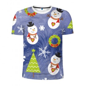 Мужская футболка 3D спортивная с принтом Снеговики и ёлочки в Кировске, 100% полиэстер с улучшенными характеристиками | приталенный силуэт, круглая горловина, широкие плечи, сужается к линии бедра | 2020 | christmas | happy | merry | new year | в подарок | детский | елки | милый | новый год | поздравить | рождество | с новым годом | с рождеством | снеговик | снеговики | снежинки