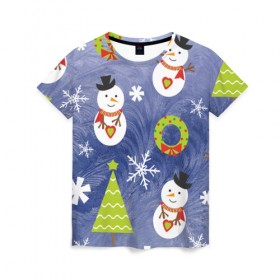 Женская футболка 3D с принтом Снеговики и ёлочки в Кировске, 100% полиэфир ( синтетическое хлопкоподобное полотно) | прямой крой, круглый вырез горловины, длина до линии бедер | 2020 | christmas | happy | merry | new year | в подарок | детский | елки | милый | новый год | поздравить | рождество | с новым годом | с рождеством | снеговик | снеговики | снежинки