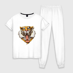 Женская пижама хлопок с принтом Brutal tiger в Кировске, 100% хлопок | брюки и футболка прямого кроя, без карманов, на брюках мягкая резинка на поясе и по низу штанин | tiger | tigers | животные | кошки | лев | природа | тигр | тигры