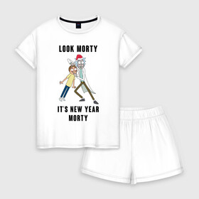 Женская пижама с шортиками хлопок с принтом LOOK MORTY ITS NEW YEAR MORTY в Кировске, 100% хлопок | футболка прямого кроя, шорты свободные с широкой мягкой резинкой | cn_1970499_019061 | rick and morty | мультсериал | новый год | рик и морти | рождество