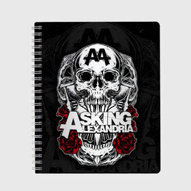 Тетрадь с принтом Asking Alexandria в Кировске, 100% бумага | 48 листов, плотность листов — 60 г/м2, плотность картонной обложки — 250 г/м2. Листы скреплены сбоку удобной пружинной спиралью. Уголки страниц и обложки скругленные. Цвет линий — светло-серый
 | asking alexandria | аскинг александриа | группы | метал | музыка | рок | хэви метал | электроникор