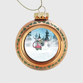 Стеклянный ёлочный шар с принтом Мышка лепит снеговика в Кировске, Стекло | Диаметр: 80 мм | Тематика изображения на принте: 