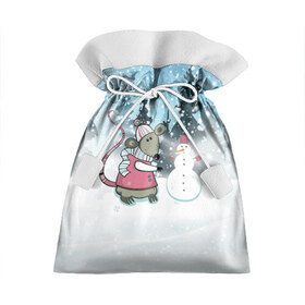 Подарочный 3D мешок с принтом Мышка лепит снеговика в Кировске, 100% полиэстер | Размер: 29*39 см | Тематика изображения на принте: 