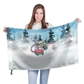 Флаг 3D с принтом Мышка лепит снеговика в Кировске, 100% полиэстер | плотность ткани — 95 г/м2, размер — 67 х 109 см. Принт наносится с одной стороны | 
