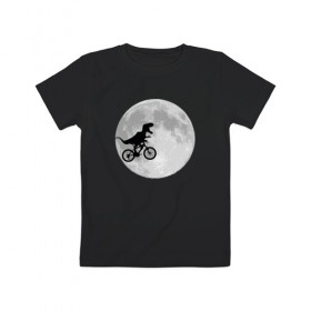 Детская футболка хлопок с принтом T-rex Riding a Bike в Кировске, 100% хлопок | круглый вырез горловины, полуприлегающий силуэт, длина до линии бедер | moon | велосипед | дино | динозавр | кино | космос | луна | парк юрского периода | планета | тень | тирекс | фильм | юрский период