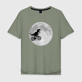 Мужская футболка хлопок Oversize с принтом T-rex Riding a Bike в Кировске, 100% хлопок | свободный крой, круглый ворот, “спинка” длиннее передней части | moon | велосипед | дино | динозавр | кино | космос | луна | парк юрского периода | планета | тень | тирекс | фильм | юрский период