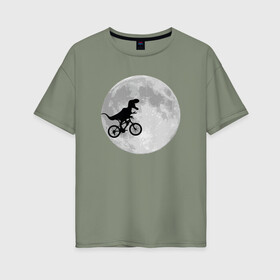 Женская футболка хлопок Oversize с принтом T-rex Riding a Bike в Кировске, 100% хлопок | свободный крой, круглый ворот, спущенный рукав, длина до линии бедер
 | moon | велосипед | дино | динозавр | кино | космос | луна | парк юрского периода | планета | тень | тирекс | фильм | юрский период