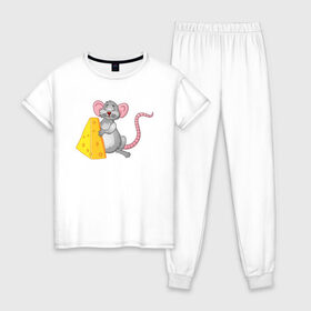 Женская пижама хлопок с принтом Мышка с сыром в Кировске, 100% хлопок | брюки и футболка прямого кроя, без карманов, на брюках мягкая резинка на поясе и по низу штанин | 