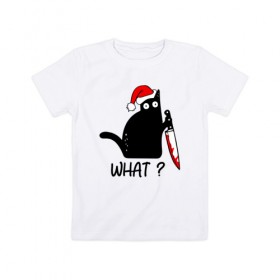 Детская футболка хлопок с принтом Новогодний кот с ножом в Кировске, 100% хлопок | круглый вырез горловины, полуприлегающий силуэт, длина до линии бедер | cat | kitten | knife | what | дед мороз | кетчуп | кот | котёнок | кошка | кровь | новы год | нож | рождество | что | шапка