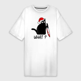 Платье-футболка хлопок с принтом Новогодний кот с ножом в Кировске,  |  | Тематика изображения на принте: cat | kitten | knife | what | дед мороз | кетчуп | кот | котёнок | кошка | кровь | новы год | нож | рождество | что | шапка