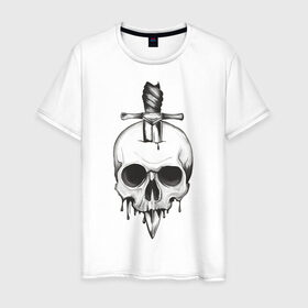 Мужская футболка хлопок с принтом Skull with dagger в Кировске, 100% хлопок | прямой крой, круглый вырез горловины, длина до линии бедер, слегка спущенное плечо. | death | fear | rose | rose and skull | rose and snake | skull | skull and snake | skulls | snake | snakes | змеи | змея | роза | роза и змея | роза и череп | череп | череп и змея | черепа