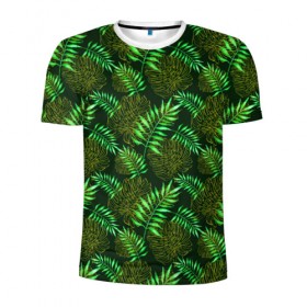 Мужская футболка 3D спортивная с принтом Зеленые тропики в Кировске, 100% полиэстер с улучшенными характеристиками | приталенный силуэт, круглая горловина, широкие плечи, сужается к линии бедра | Тематика изображения на принте: гавайи | листья | листья пальм | пальмы | тропики