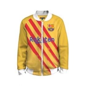 Детский бомбер 3D с принтом Barcelona 4-th kit 19-20 в Кировске, 100% полиэстер | застегивается на молнию, по бокам два кармана без застежек, мягкие манжеты, по низу бомбера и на воротнике — эластичная резинка | Тематика изображения на принте: barcelona | champions | laliga | league | spain | барселона | испания | лига | месси | чемпионов