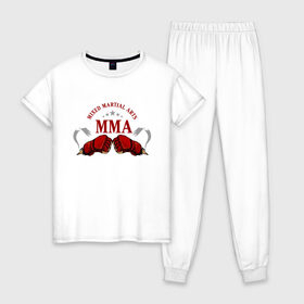 Женская пижама хлопок с принтом MMA в Кировске, 100% хлопок | брюки и футболка прямого кроя, без карманов, на брюках мягкая резинка на поясе и по низу штанин | mma | бокс | единоборства | смешанные | спорт