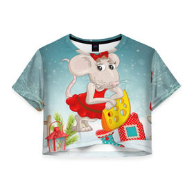 Женская футболка Cropp-top с принтом Милая мышка с сыром в Кировске, 100% полиэстер | круглая горловина, длина футболки до линии талии, рукава с отворотами | 2020 | mouse | rat | годкрысы | годмыши | зима | зимняя | крыса | мороз | мышка | мышь | новогодняя | новый год | новый год 2020 | рождество | симолгода | снег | холод