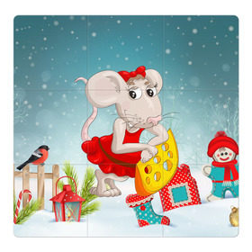 Магнитный плакат 3Х3 с принтом Милая мышка с сыром в Кировске, Полимерный материал с магнитным слоем | 9 деталей размером 9*9 см | 2020 | mouse | rat | годкрысы | годмыши | зима | зимняя | крыса | мороз | мышка | мышь | новогодняя | новый год | новый год 2020 | рождество | симолгода | снег | холод