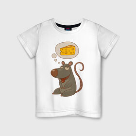 Детская футболка хлопок с принтом Мышка мечтает о сыре в Кировске, 100% хлопок | круглый вырез горловины, полуприлегающий силуэт, длина до линии бедер | Тематика изображения на принте: 