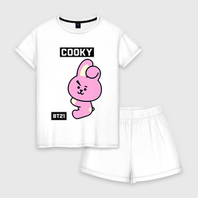 Женская пижама с шортиками хлопок с принтом COOKY BT21 в Кировске, 100% хлопок | футболка прямого кроя, шорты свободные с широкой мягкой резинкой | bt21 | bts | chimmy | cooky | koya | love yourself. | mang | rj | shooky | tata | бт21 | бтс