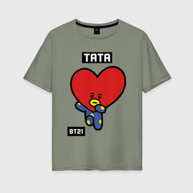 Женская футболка хлопок Oversize с принтом TATA BT21 в Кировске, 100% хлопок | свободный крой, круглый ворот, спущенный рукав, длина до линии бедер
 | bt21 | bts | chimmy | cooky | koya | love yourself. | mang | rj | shooky | tata | бт21 | бтс