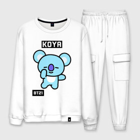 Мужской костюм хлопок с принтом KOYA BT21 в Кировске, 100% хлопок | на свитшоте круглая горловина, мягкая резинка по низу. Брюки заужены к низу, на них два вида карманов: два “обычных” по бокам и два объемных, с клапанами, расположенные ниже линии бедра. Брюки с мягкой трикотажной резинкой на поясе и по низу штанин. В поясе для дополнительного комфорта — широкие завязки | bt21 | bts | chimmy | cooky | koya | love yourself. | mang | rj | shooky | tata | бт21 | бтс