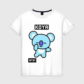 Женская футболка хлопок с принтом KOYA BT21 в Кировске, 100% хлопок | прямой крой, круглый вырез горловины, длина до линии бедер, слегка спущенное плечо | bt21 | bts | chimmy | cooky | koya | love yourself. | mang | rj | shooky | tata | бт21 | бтс