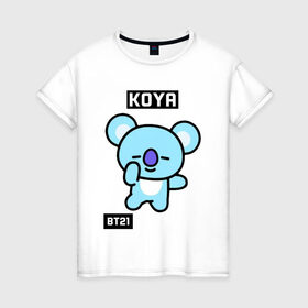 Женская футболка хлопок с принтом KOYA BT21 в Кировске, 100% хлопок | прямой крой, круглый вырез горловины, длина до линии бедер, слегка спущенное плечо | Тематика изображения на принте: bt21 | bts | chimmy | cooky | koya | love yourself. | mang | rj | shooky | tata | бт21 | бтс