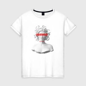 Женская футболка хлопок с принтом Медуза Горгона в Кировске, 100% хлопок | прямой крой, круглый вырез горловины, длина до линии бедер, слегка спущенное плечо | девушка | медуза горгона | миф | полосы | скульптура | стиль