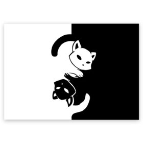 Поздравительная открытка с принтом ДВА КОТА КУВЫРКАЮТСЯ. в Кировске, 100% бумага | плотность бумаги 280 г/м2, матовая, на обратной стороне линовка и место для марки
 | black white | два кота кувыркаются | животные | котики | коты | черно белое