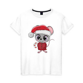 Женская футболка хлопок с принтом Милый новогодний мышонок в Кировске, 100% хлопок | прямой крой, круглый вырез горловины, длина до линии бедер, слегка спущенное плечо | 