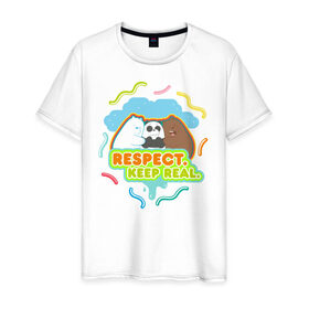Мужская футболка хлопок с принтом Respect keep real в Кировске, 100% хлопок | прямой крой, круглый вырез горловины, длина до линии бедер, слегка спущенное плечо. | Тематика изображения на принте: baby bears | bare bears | charle and bears | dsgngerzen | grizz | isebear | panda | panpan | selfie panpan | vdgerir | вся правда о медведях