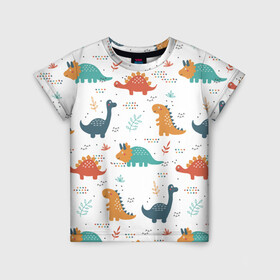 Детская футболка 3D с принтом Милые динозавры в Кировске, 100% гипоаллергенный полиэфир | прямой крой, круглый вырез горловины, длина до линии бедер, чуть спущенное плечо, ткань немного тянется | dinosaurs | динозавр | динозавры | животные | игрушки | мульт динозавры | мультяшки динозавры | тиранозавр